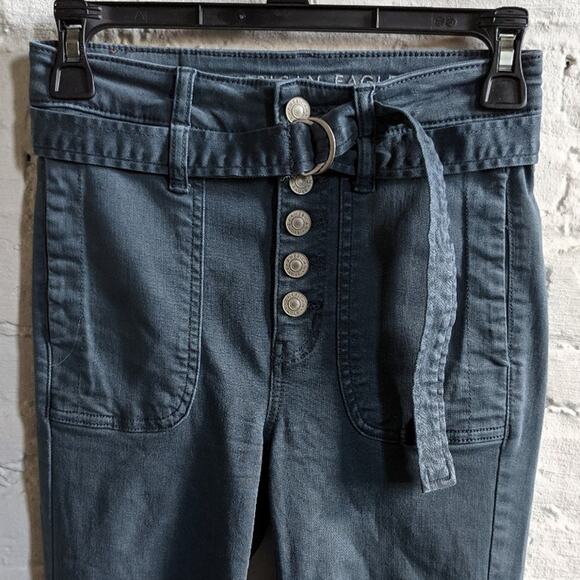 Y2K Minimalist High Waist Denim Dark Academia Super Stretch Belted Button Jeans - Picture 2 of 5